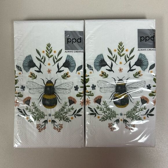 PPD White Blue Black Gold Green Secret Bee Guest Size Napkins set of 2 - Picture 1 of 2